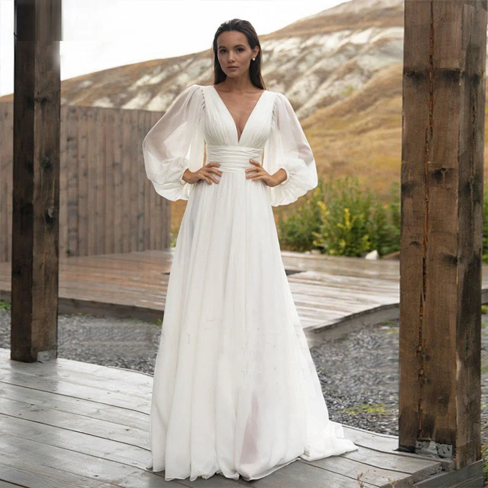 13091#Princess Boho Elegant Deep V-Neck Soft Chiffon Puffy Sleeves Backless A-Line Wedding Dress Sexy Sweep Train Bridal Gown