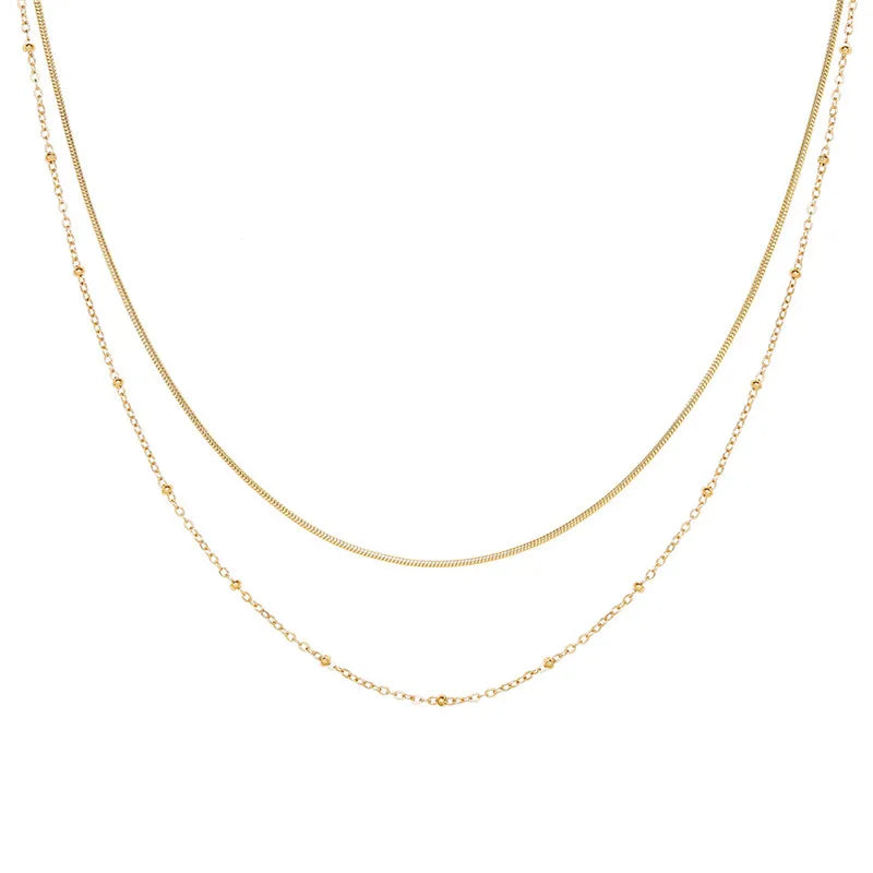 Chain Double Layer Necklace Fashion Women Jewelry 18K Gold Pleated Stainless Steel Snack Bone Necklaces With Beaded Chain