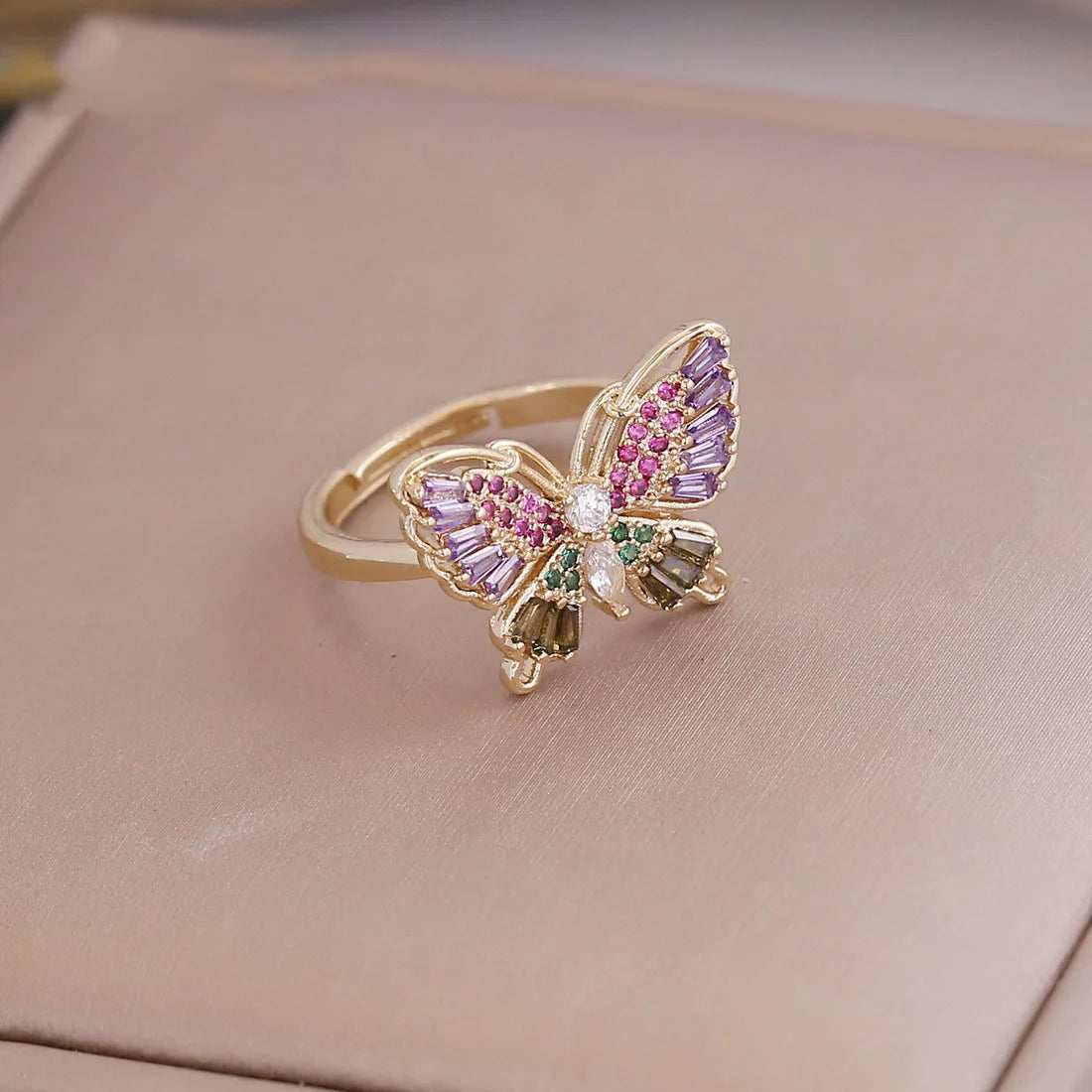Adjustable Butterfly Colorful Zircons Crystal Copper Women Rings with Good Quality Jewelry