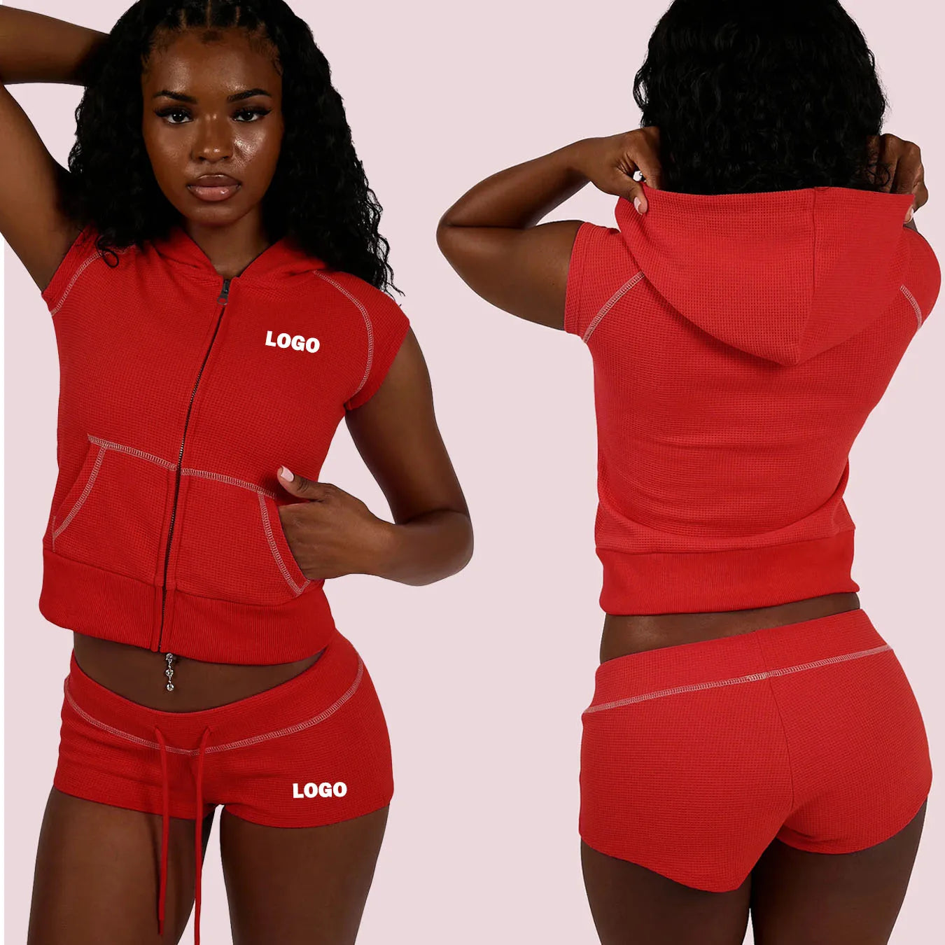 Wholesale Women Waffle Fabric 2 Piece Tracksuit Short Sleeve Zip Hoodie Crop Top Low Rise Drawstring Shorts Casual Outfit