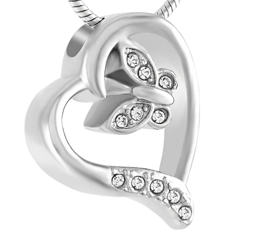 Heart Crystal Butterfly Urn Stainless Steel Cremation Ashes Urn Pendant Jewelry Keepsake Crystal butterfly Cremation Urn Ashes