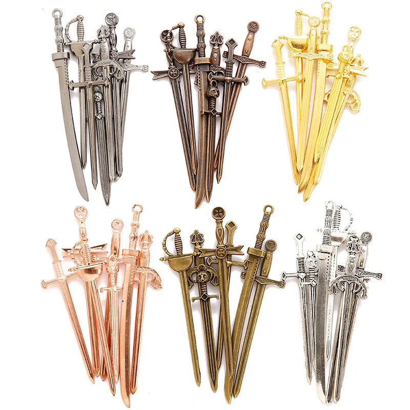 7PCS Mix Alloy Metal Antique Silver Charm Game weapon Long Sword Pendant for Bookmark Craft Jewelry Making 60mm