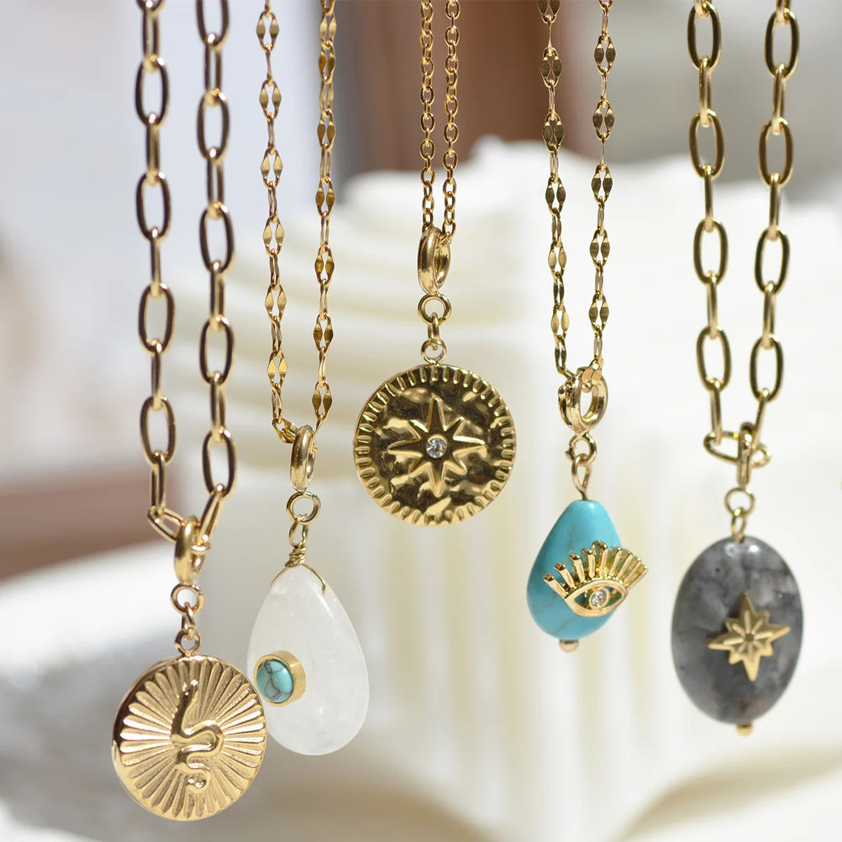 Bohemian Style DIY Jewelry PVD Plated Snake Charms Pendant Stainless Steel Natural Stone Evileye Pendant & Charms