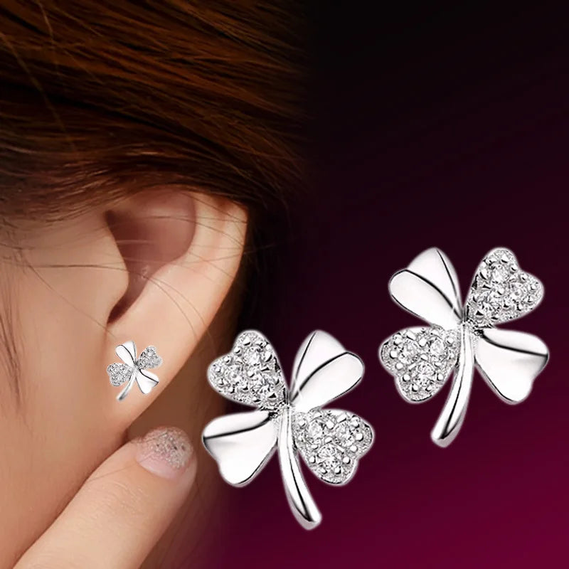 Korean Style 925 Silver Plating Women Zirconia Four Leaf Clover Stud Earring Jewelry