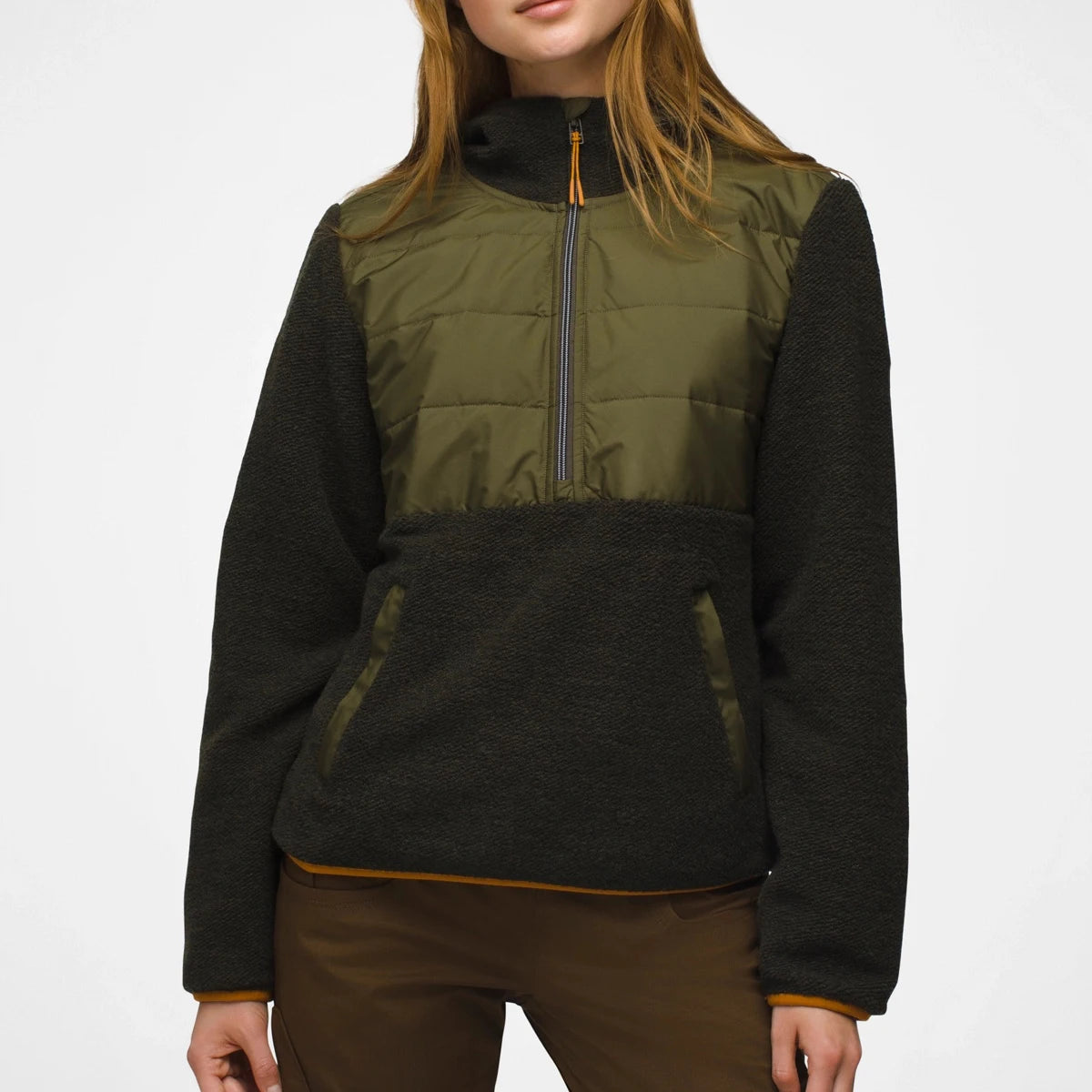 Women's Casual Winter Breathable Knit Fleece Jackets Half Zip Hooded Kangaroo Pockets Front Logo