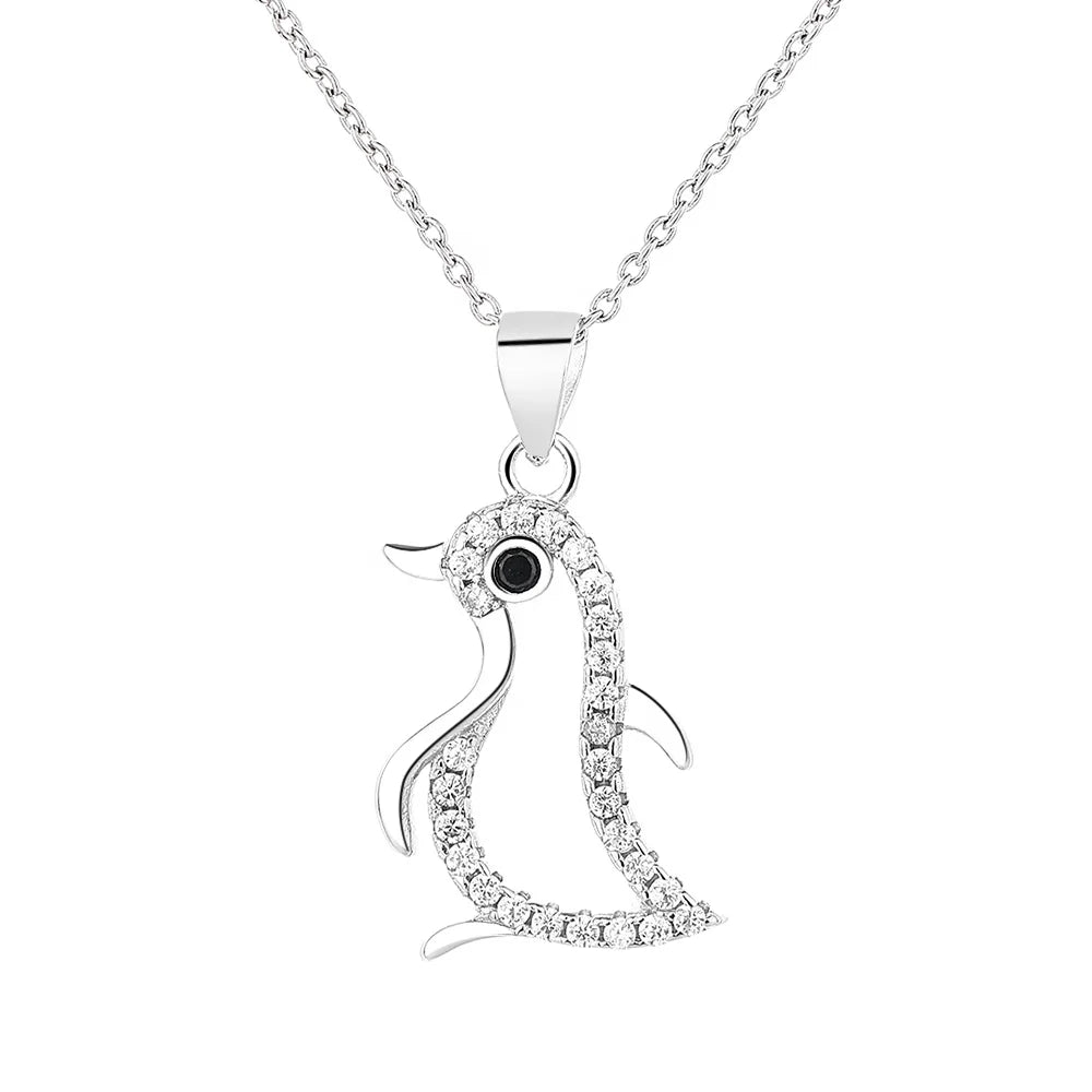 Premium Zircon Animal Penguin Pendant Necklace Cute Sterling Silver 925 Fashionable Jewellery for Girls