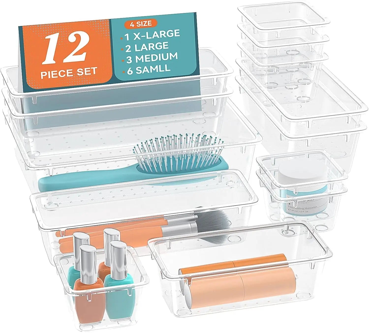 12pcs Set clear Plastic Drawer Organizers Stackable Divider Tray Clear Acrylic Transparent Spice Plastic Storage with Anti slip