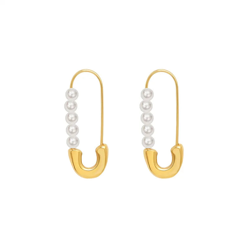 Simple Stainless Steel 18K Gold Plated Imitation Pearl Paperclip Earrings Titanium Steel IP Personalized Rectangle Pearl Earring