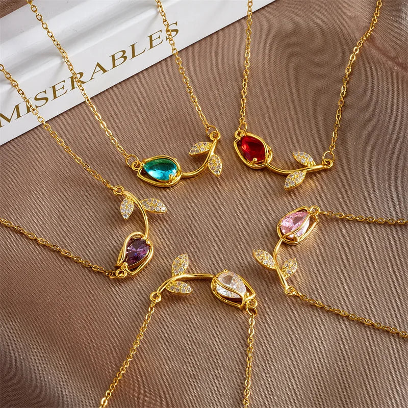 Trendy 18K Gold Plated Red Green Gem Tulip Floral Necklace Micro Pave Cubic Zirconia CZ Flower Pendant Necklace for Women