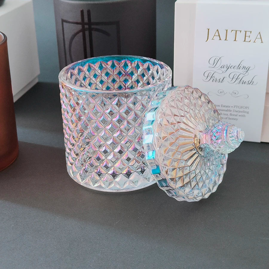 'Wholsale' Empty Embossed Geo Decorative 'Candl' Container Fancy Electroplated Crystal Glass Gold Candle Jar With Lid and Box