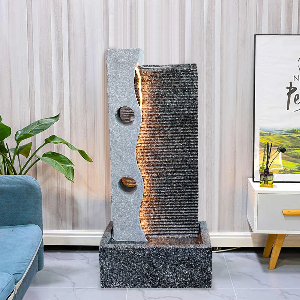 Zen Waterfall Resin Sculpture with Gold Stream & Rock Texture Desktop Fountain for Home OfficeDecor with LED Light