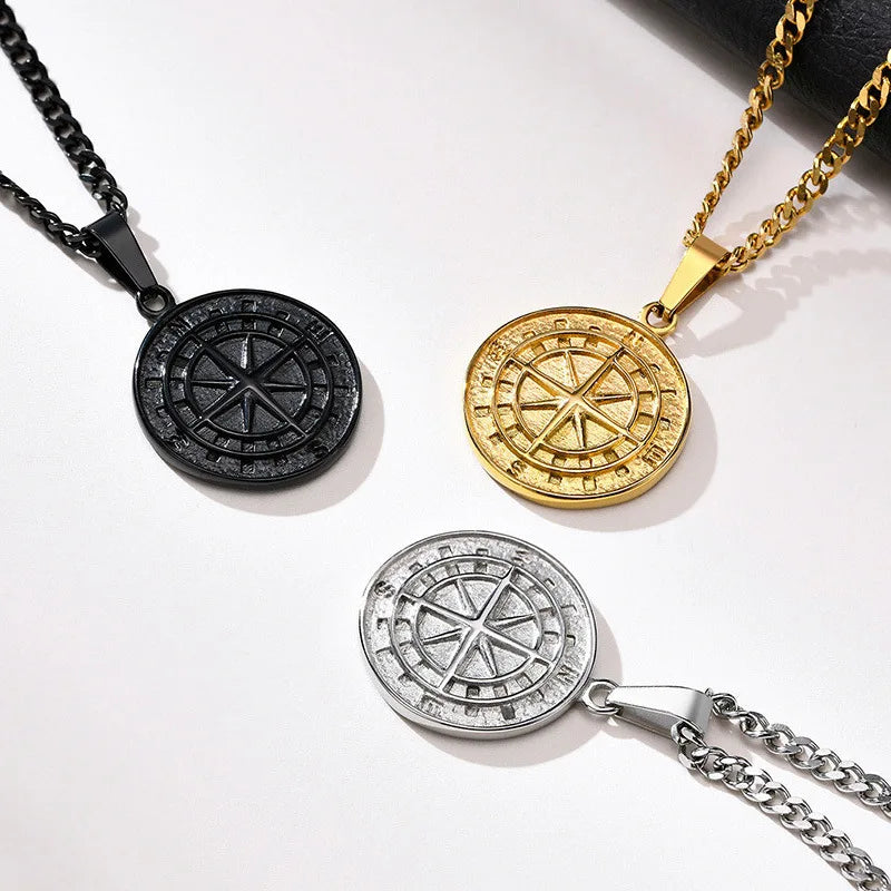 Men's Layered Sailing Travel Compass Pendant Necklace