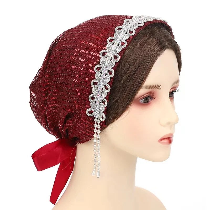 Yiwu Muqian Trading Firm New Design Iris Fringe Headband Hat Vintage Lace Sequin Headscarf Hat Muslim Women All Wear Headgear