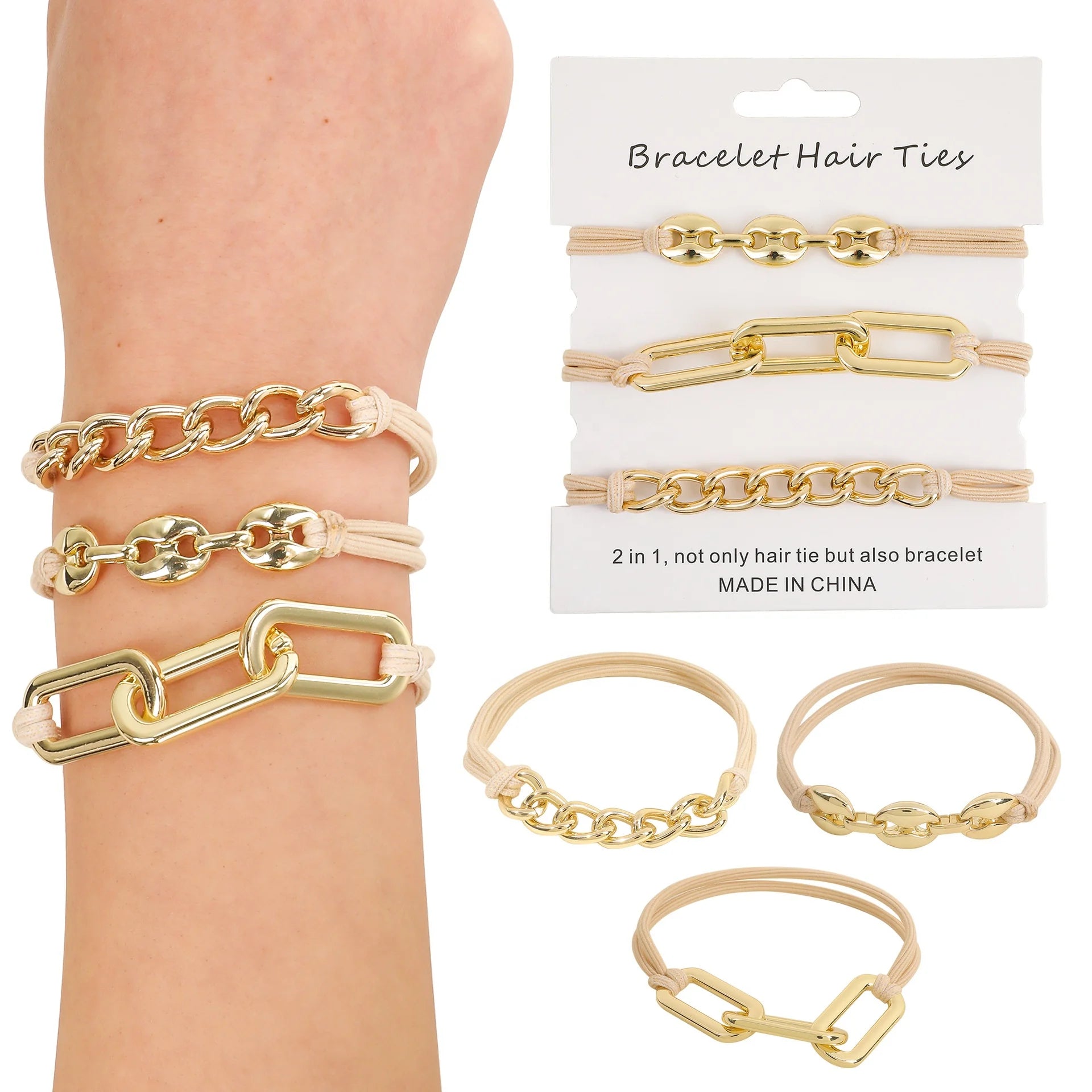 Hot Sell Women Gold Alloy Charm Wrist Hair Accessories Sets With Beige Black Elastic Bracelet Hair Tie