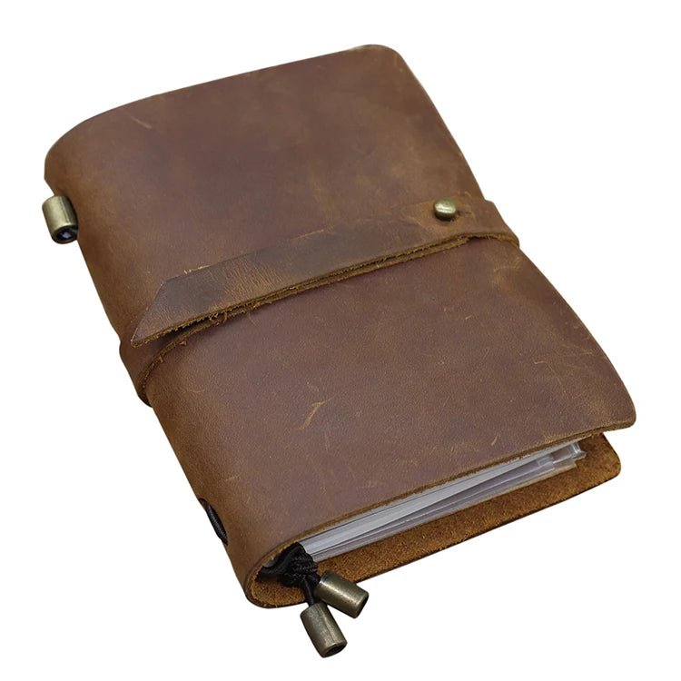 Vintage Handmade Creative Leather Cover Bujo Notebook Stamping Logo Embossed Crazy Horse Traveller Genuine Leather Journal Snap