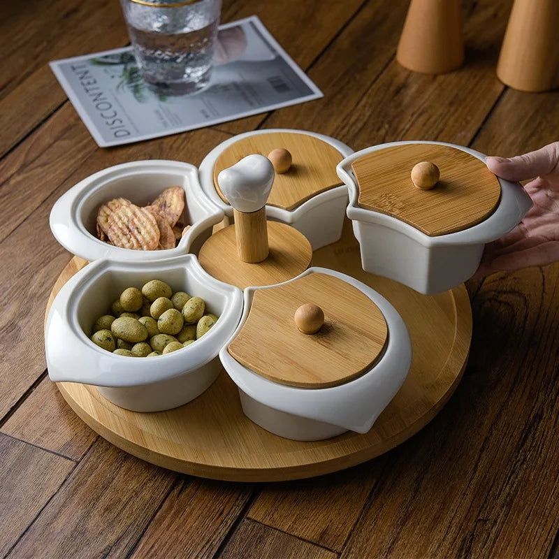 Creative Ceramic Fruit Tray Flower Shaped Split Plate with Cover Wedding Rotating Dry Fruit Tray Afternoon Tea Heart Nut Tray