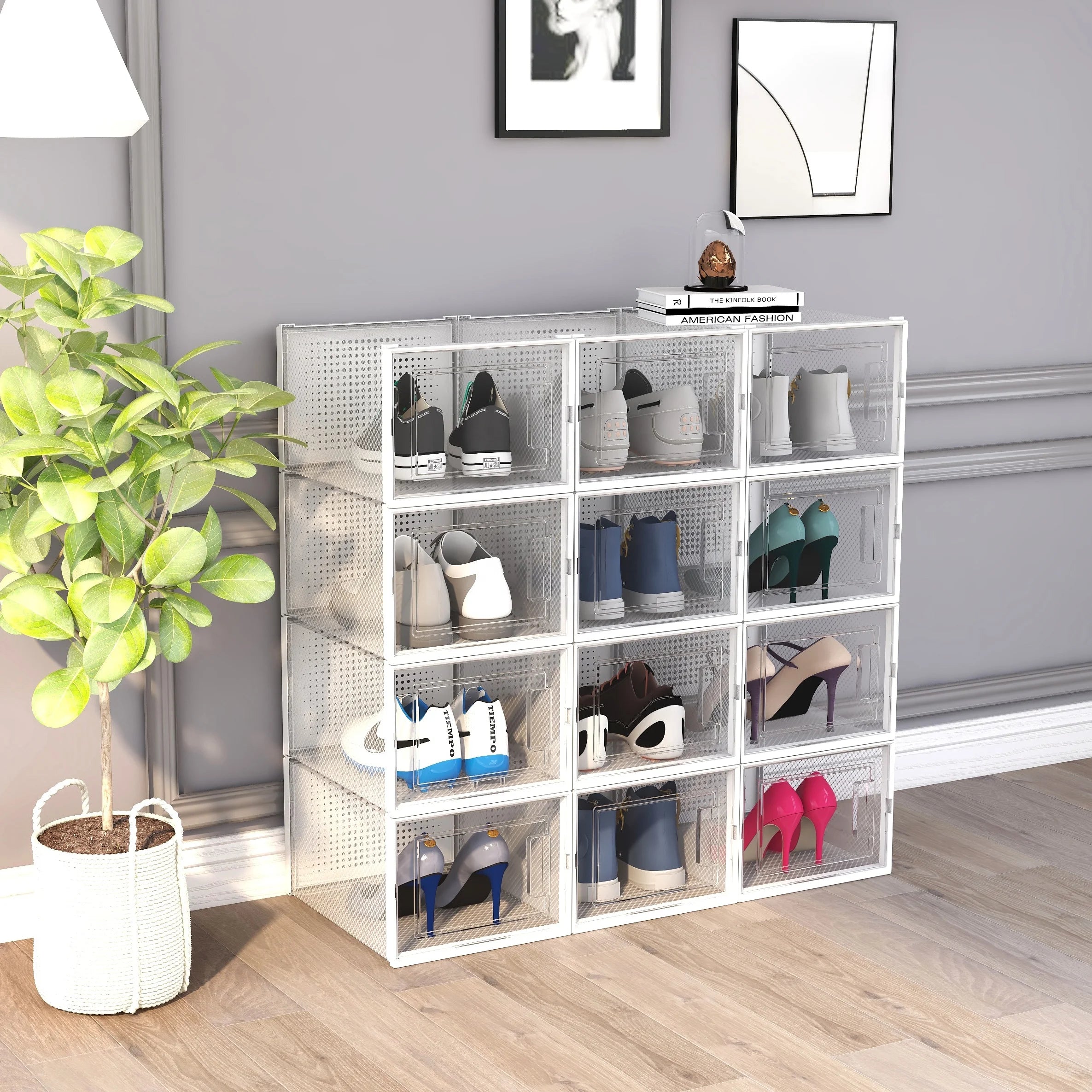 Hot Selling Custom Logo OEM Stackable Plastic Folding Display Shoe Box for Storage Large Shoe High Heels