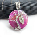 HZ Wholesale Natural Healing Crystal Women Wire Wrapped Tree of Life pink Lace Agate Owl Necklace Pendant Jewelry