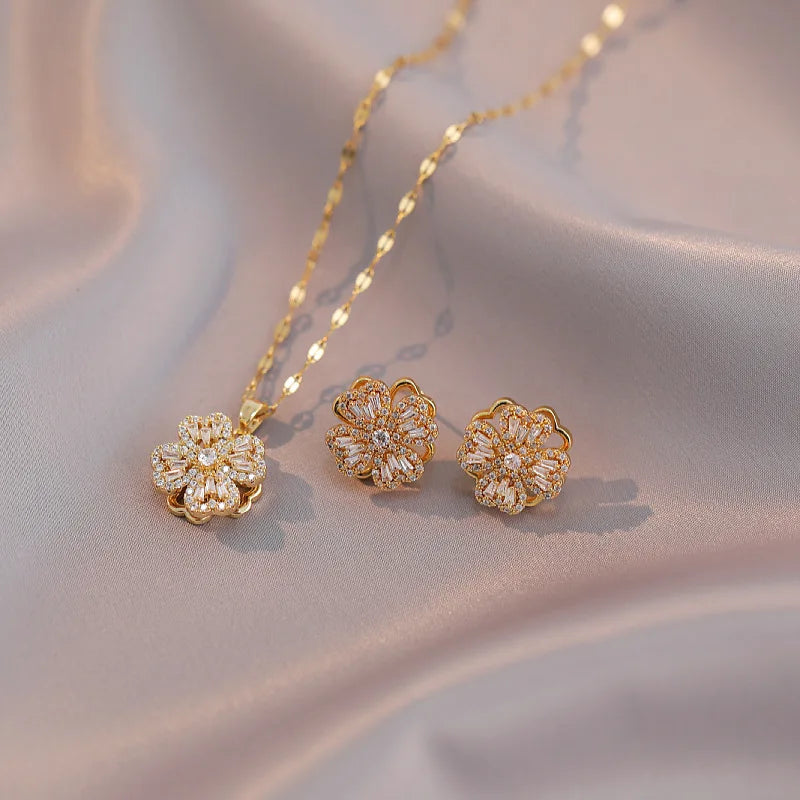 Hot Selling Fidget Rhinestone Jewelry Set Rotatable Flower Necklace Earrings Ring Four Leaf Clover Jewelry Set for Women