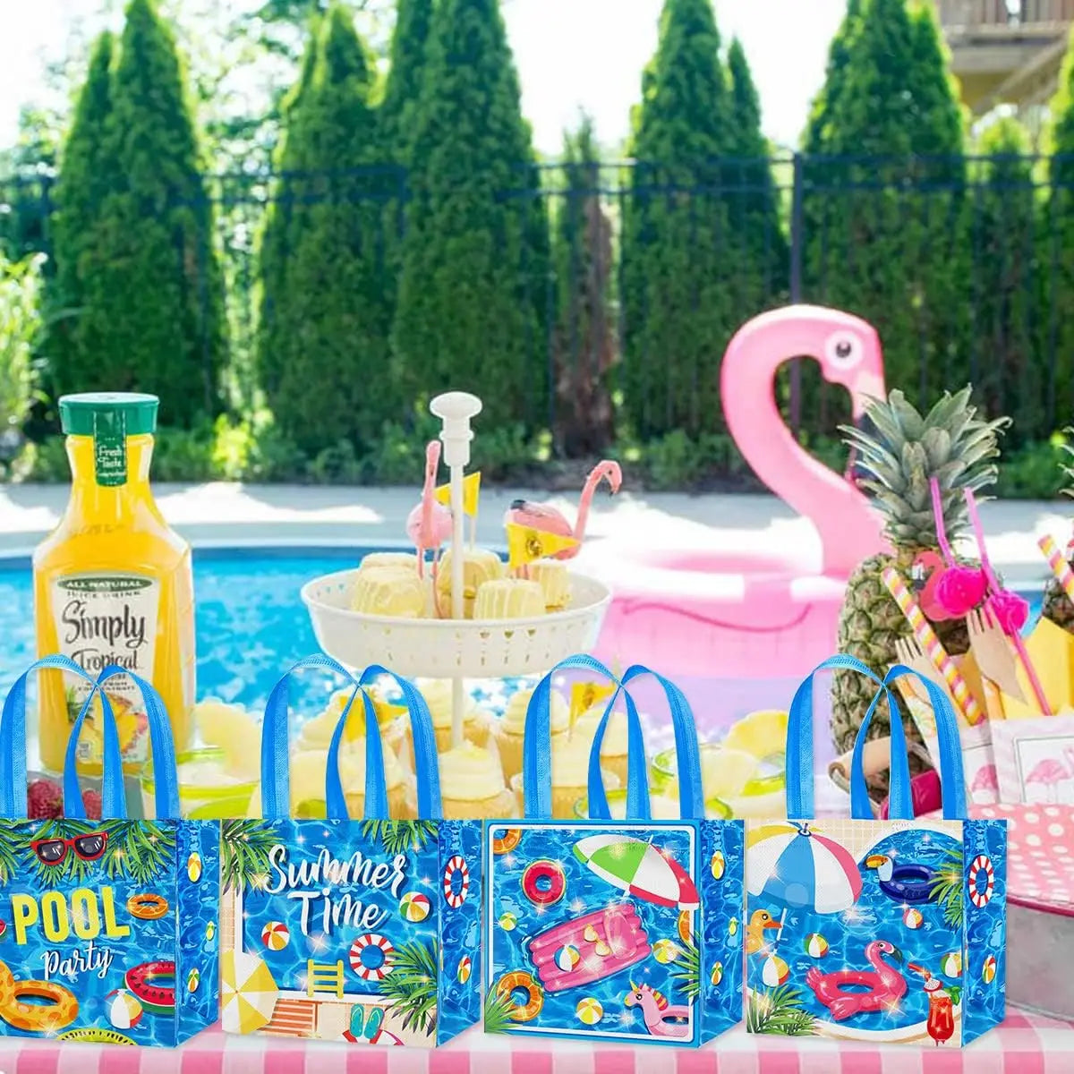 12 Pack Summer Beach Pool Hawaiian Non-Woven Gift Bags Tote Bags Handles Party Reusable-Grocery Shopping Bags for Candle & Craft