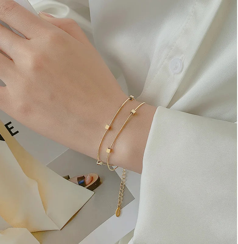 2022 Fashion New Stainless Steel 18K Gold Minimalist Texture Light Luxury Small Square Double Layer Snake Bone Chain Bracelet