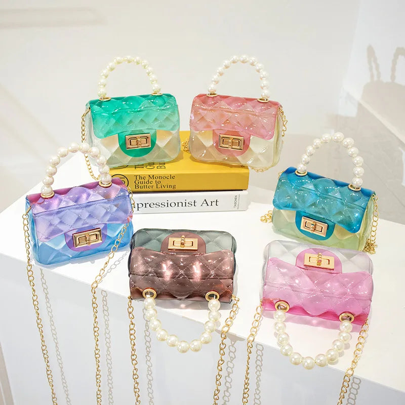 Mini PVC Jelly Bag Handbag Chain Strap Fashionable Square Pattern Messenger Purses Young Ladies Women's Handled Style Polyester