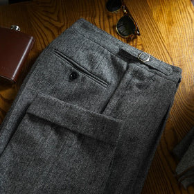 New Retro Herringbone Single Buckle Trousers Business Simple Casual Tweed Stripes Thickened Men's Slim Straight Trousers