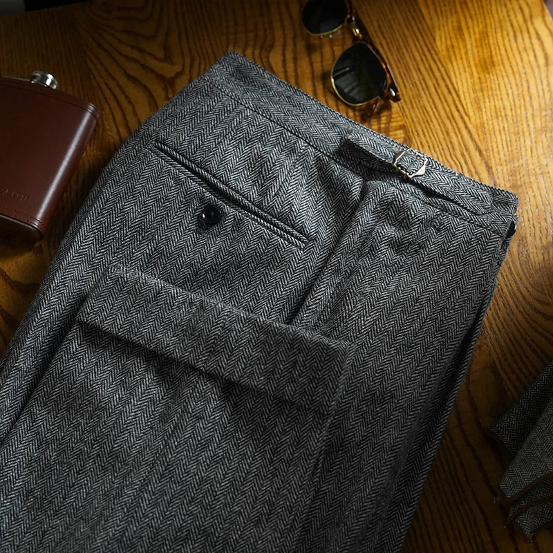 New Retro Herringbone Single Buckle Trousers Business Simple Casual Tweed Stripes Thickened Men's Slim Straight Trousers