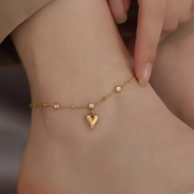 New Anklets Tarnish Free Stainless Steel Barefoot Foot Jewelry Sweet Heart-Shaped Diamond Anklet Bracelets for Women
