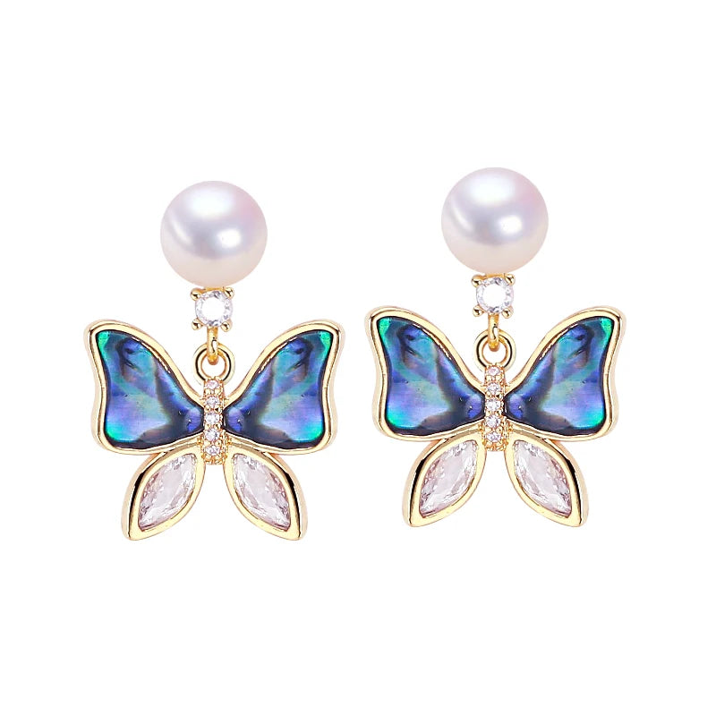 Wholesale Fine Jewelry Women's 18K Gold Plated Abalone Shell Butterfly Natural Pearl Stud Earrings
