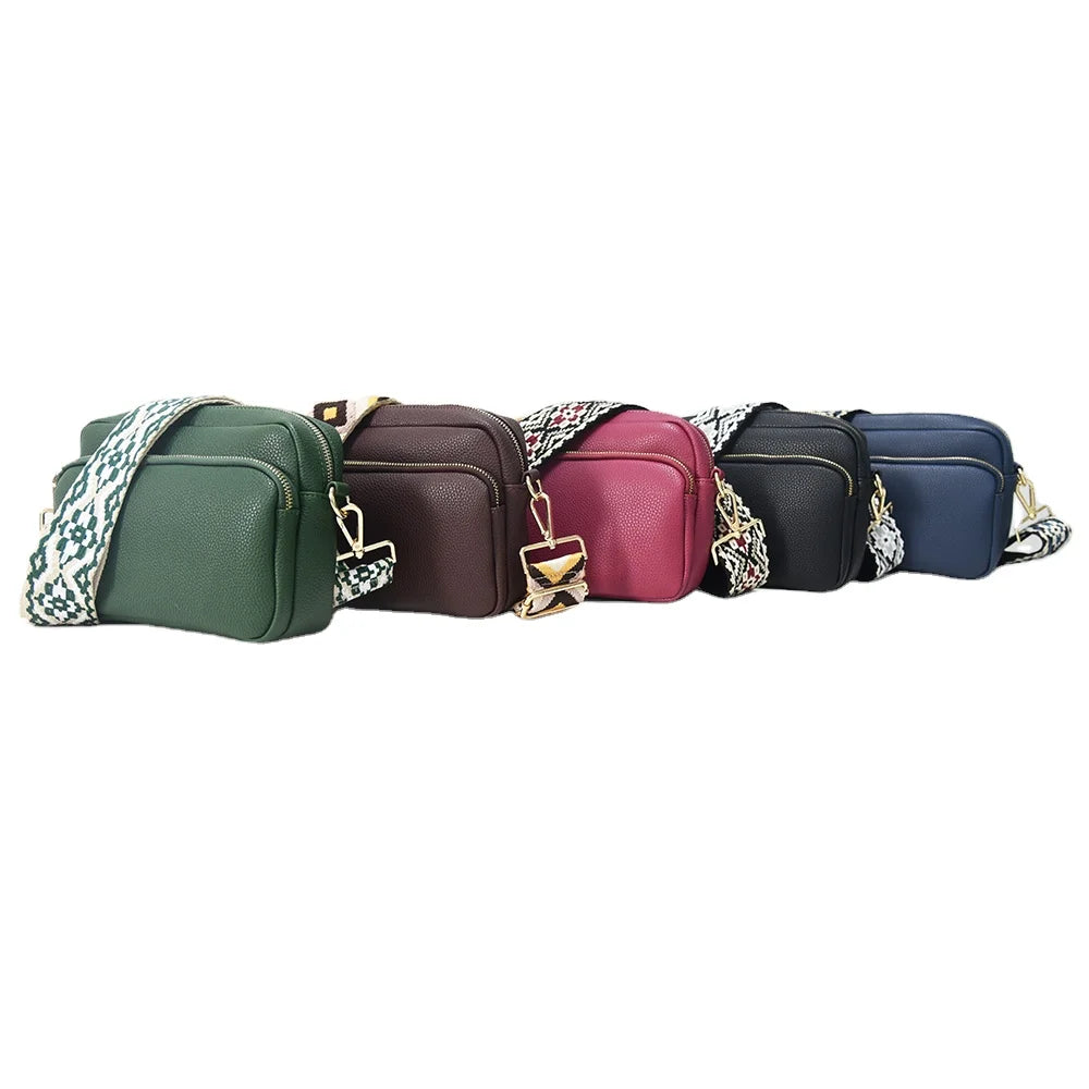 2024  Luxury Cross Body Bags Women Wide Straps Fashion Handbag Vegan Leather Zipper Camera Bag for Girls and Ladies