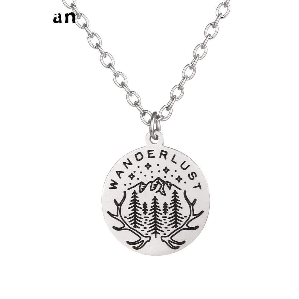 Stainless Steel Wanderlust Necklace Pine Tree Star Mountain Earth Necklace Travel Explore Jewelry