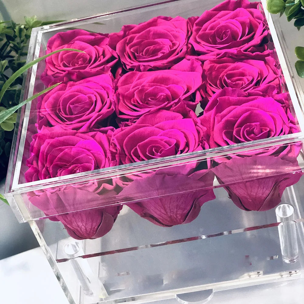 Factory Wholesale Acrylic Square Eternal Forever Roses Box Flowers Gift for Wedding Decoration Valentines Preserved Flowers