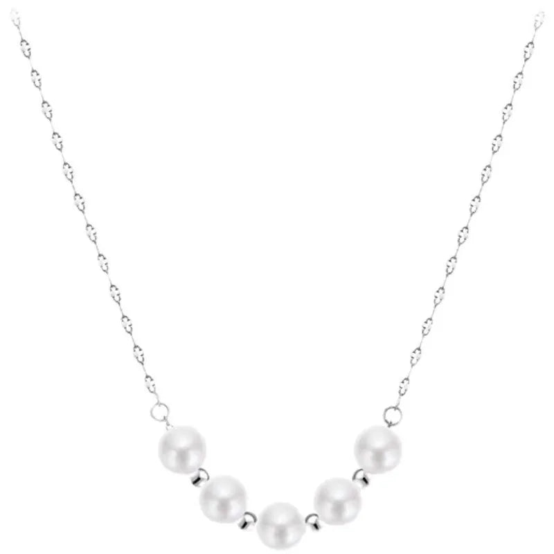Five Pearl Rhodium Plated Water-wave Chain Dainty Minimalist Pendant Necklace for Women 925 Sterling Silver