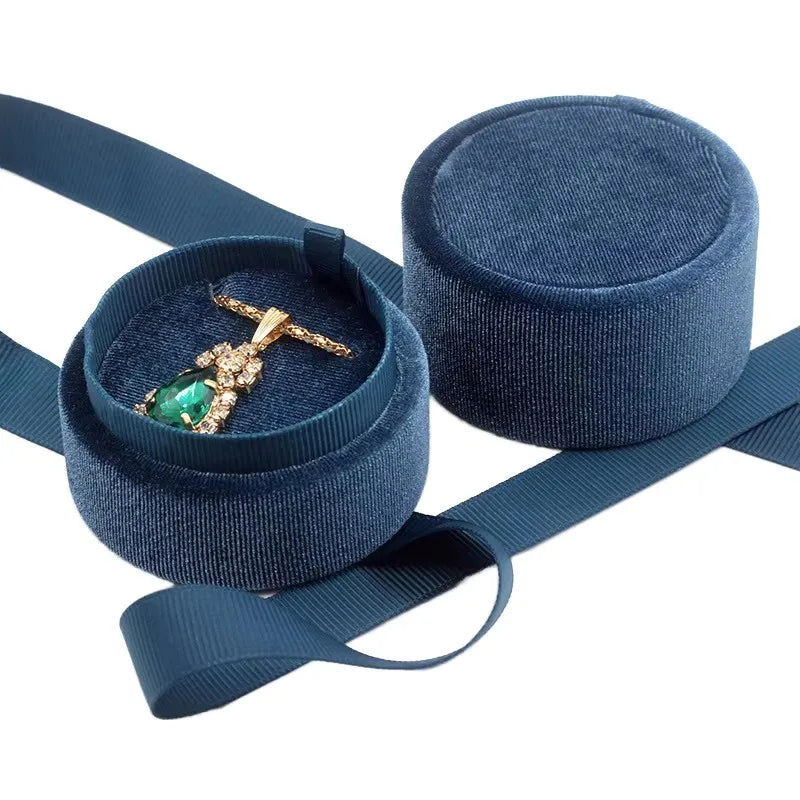 Custom Own Brand Logo Fancy Velvet Round Proposals Wedding Ring Box With Ribbon
