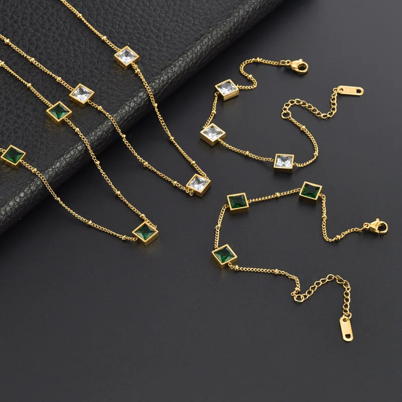 Nabest Stainless Steel Women Square Emerald Charm Necklace Bracelet Sets Waterproof Gold Plated Pave Cz Jewelry Set