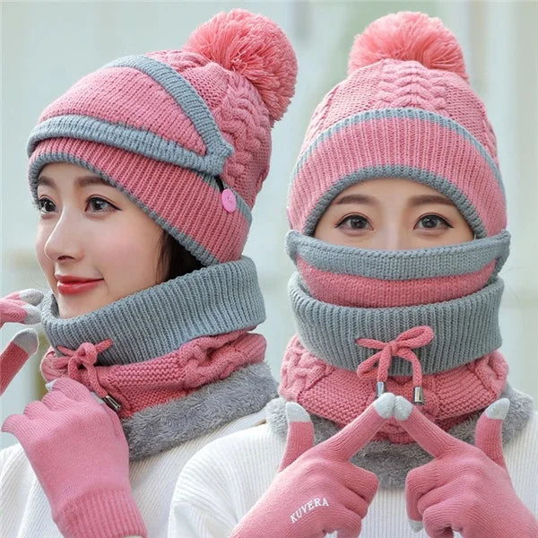 Wholesale 2021 Winter Lady Four Pieces Fashion Pom Warm Knitted Hat Beanie Scarf Gloves Set