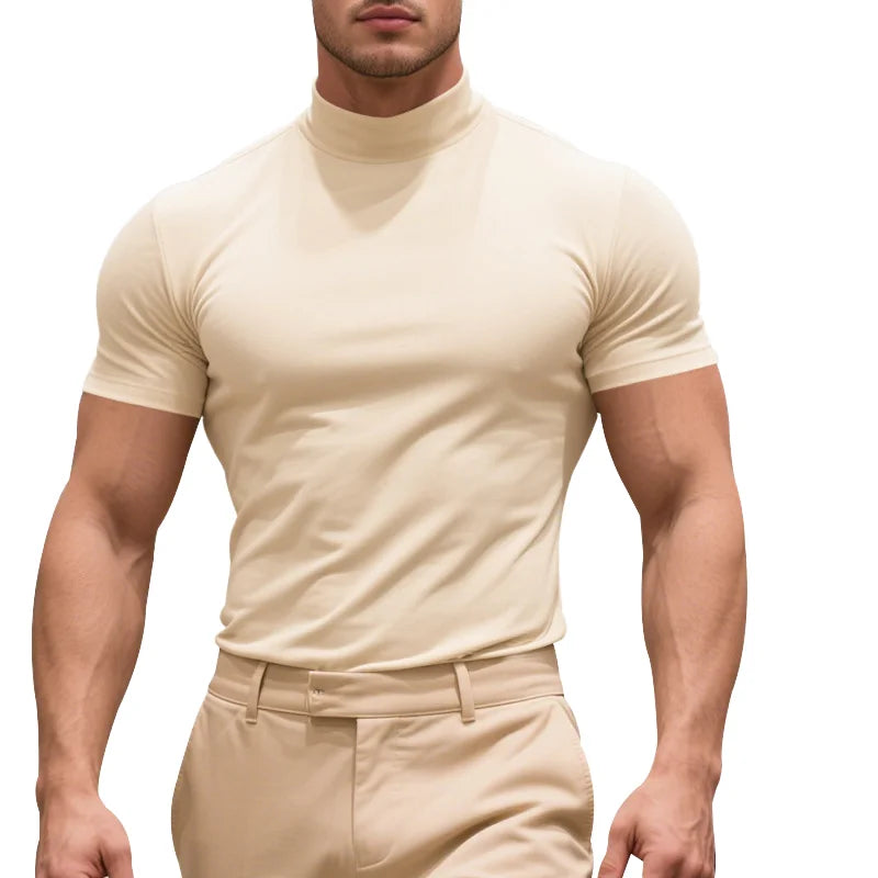 8D 2025 NEW Men's Vintage O-Neck Elastic Casual Regular Fit Embroidered Solid Color Short Sleeve T-Shirt 180g Eco-Friendly