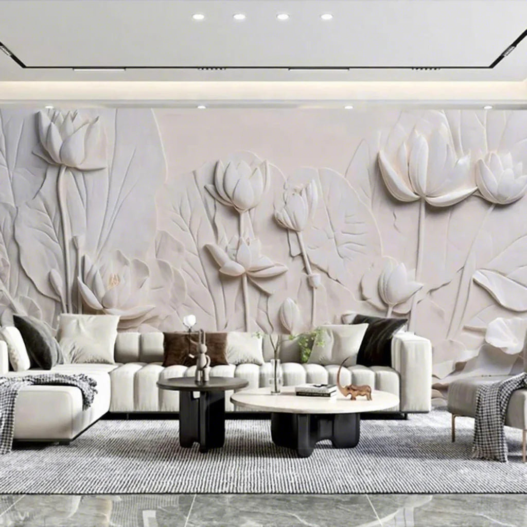 Lotus Relief Wall 8d Stone Textured Wallpaper Home Decoration