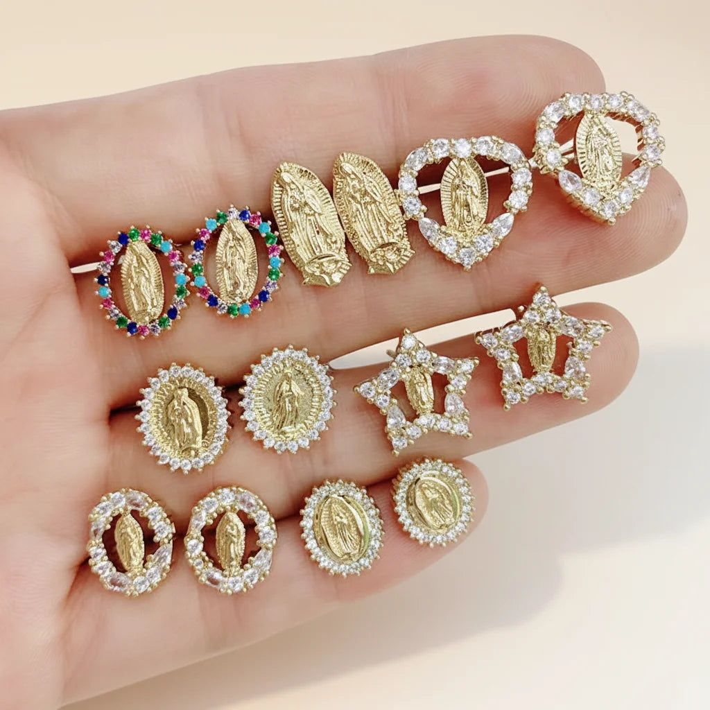EC1812 Dainty Mini 18k Gold Plated CZ Pave Diamond Mother Mary Virgen De Guadalupe Saint Benedict Studs Earrings