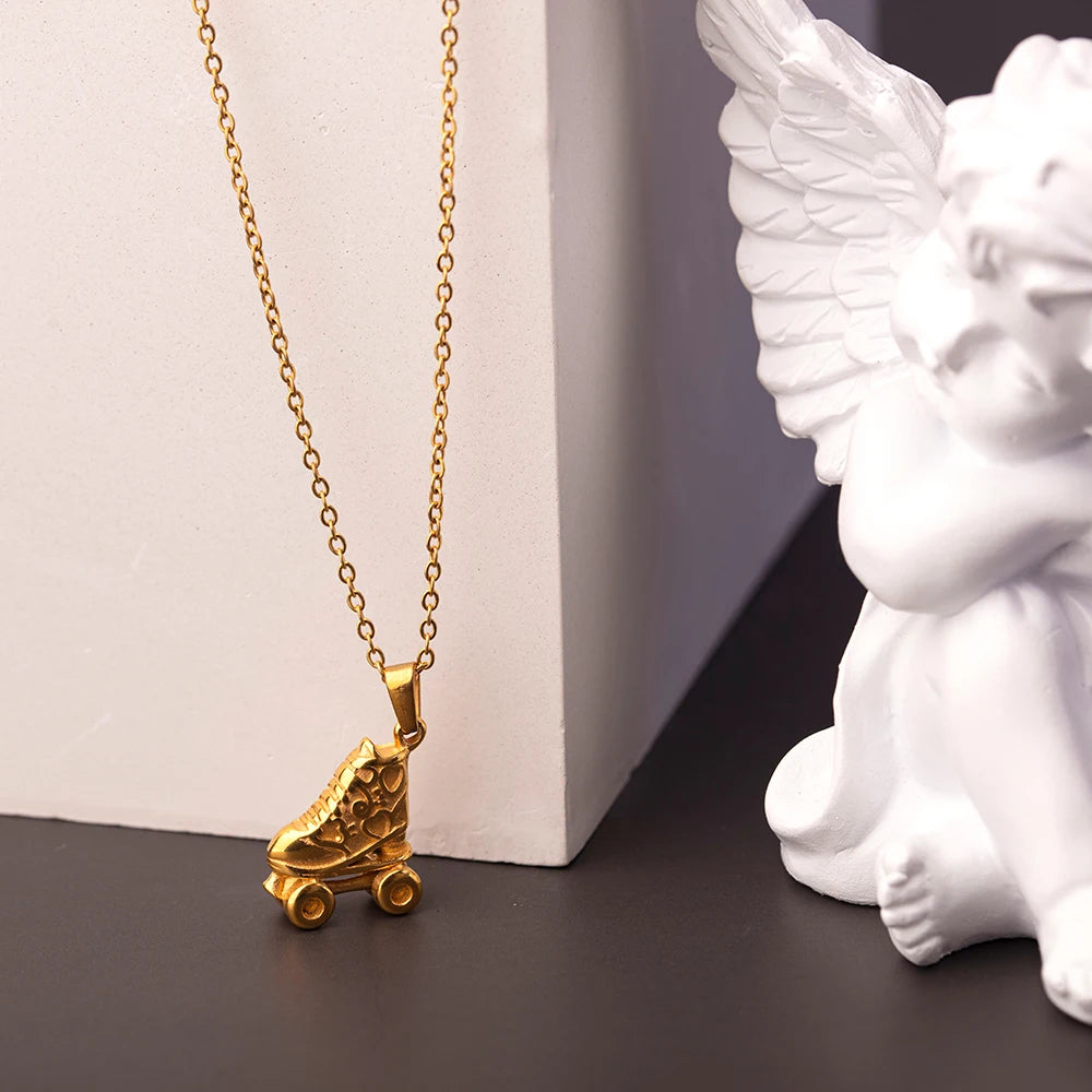 Roller Skates Pendant Ice Skate Shoe Pendant Jewelry Stainless Steel 18K Gold Color Plated Men Charm Pendants Necklace