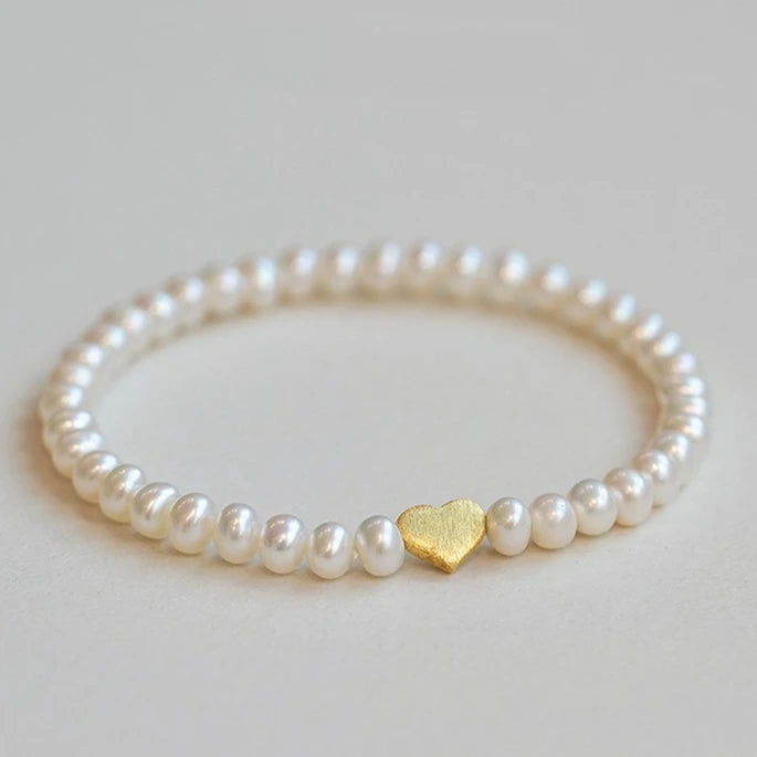 Ins Simple Style Natural Freshwater Pearl Bracelet 925 Sterling Silver Heart Pendant Elastic Beads Bracelet Fashion Jewelry.