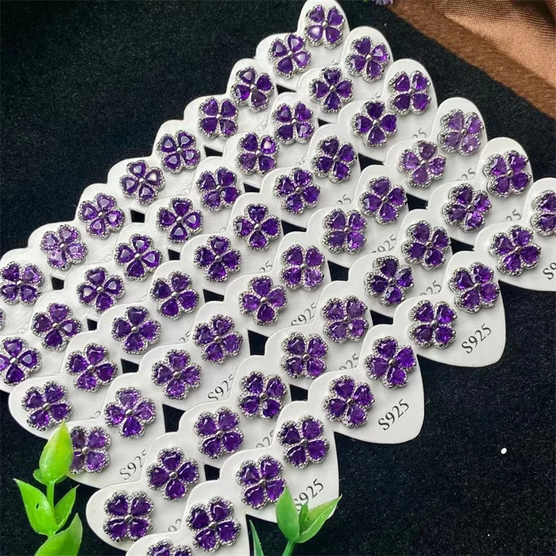 Natural Gem Stone 925 Sterling Silver Purple Amethyst Stud Earrings for Women
