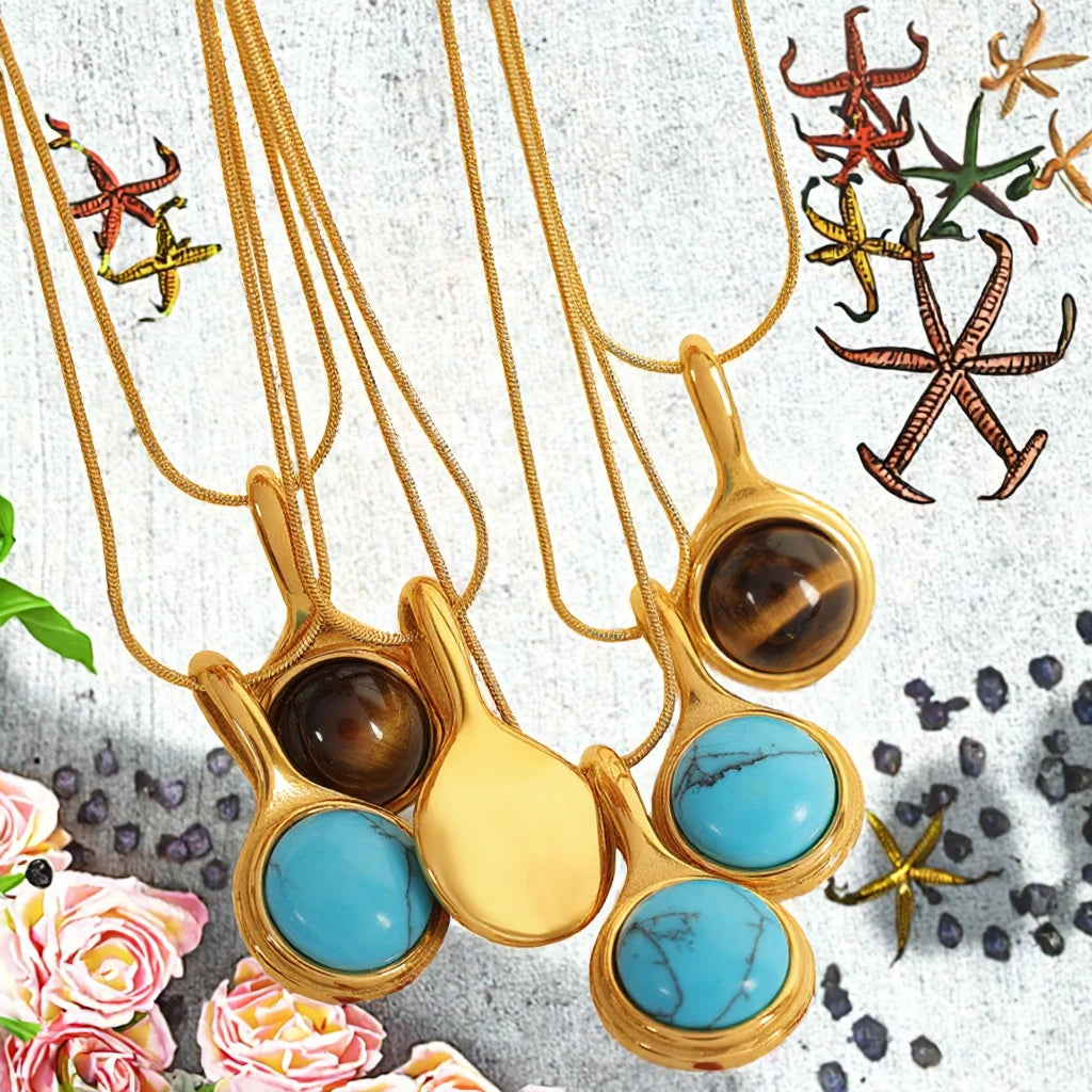 Vintage Fashionable Minimalist Jewelry Stainless Steel 18K Gold Plated Shape Turquoise Waterproof Charm Gift Women's Necklaces