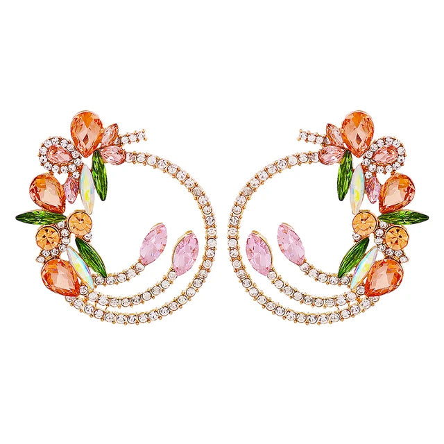 Kaimei New Full Crystal Round Pendant Flower Dangle Earrings for Women Decor Gothic Statement Fashion Pink Drop Earrings Jewelry