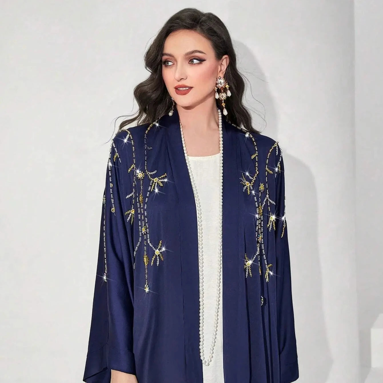 Fashion Stylish Muslim Women Cardigan Robe Diamond Handwork Solid Color Design Open Abaya Dress