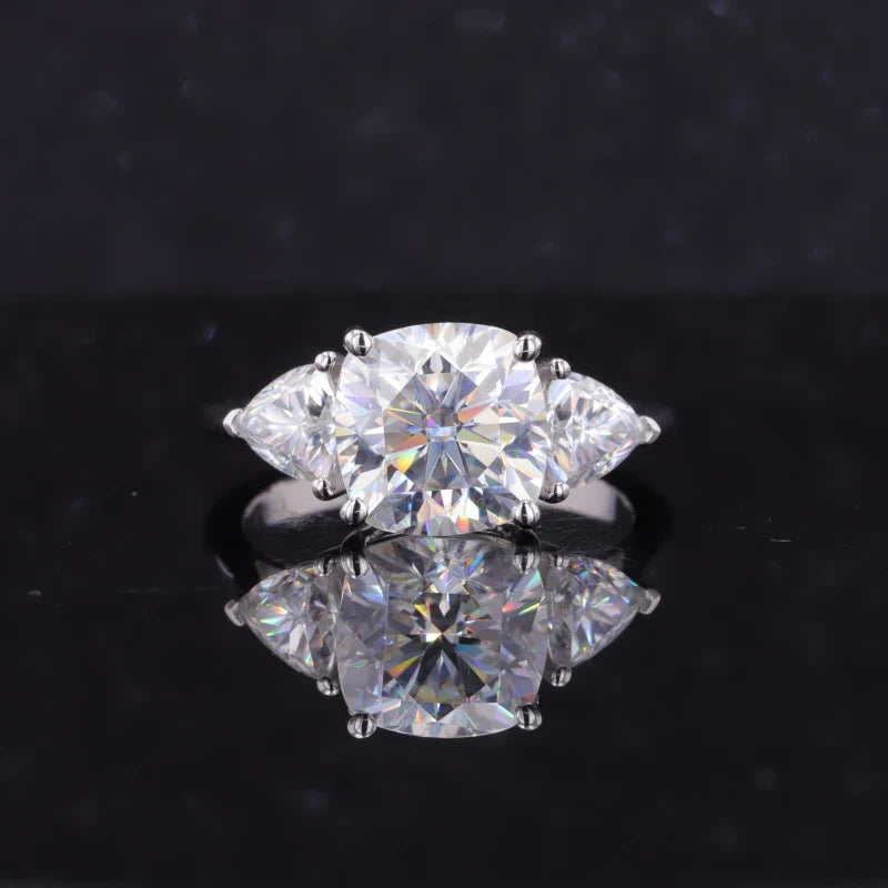 Starsgem Fine Jewelry 10K Solid White Gold Ring Cushion and Triangle Shape Moissanite Three Stones Engagement Rings