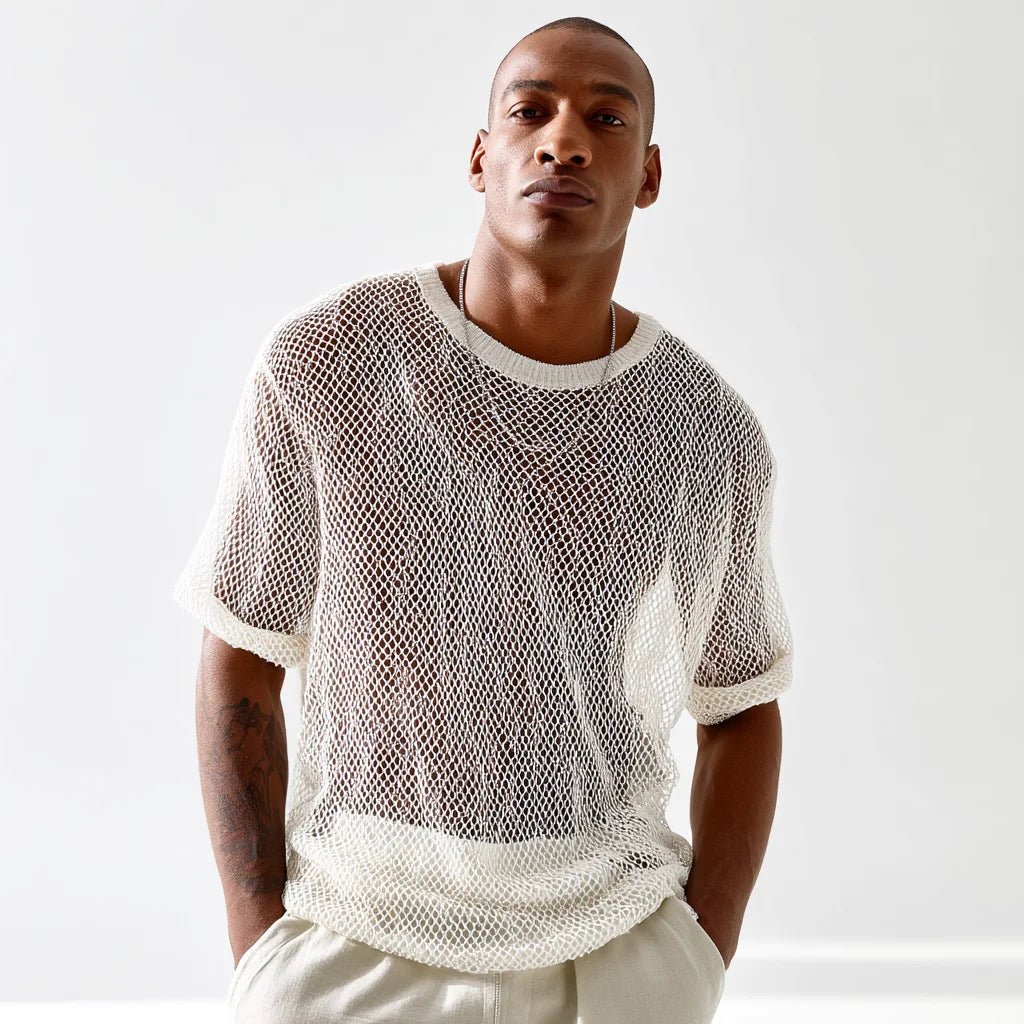 2025 Custom Men's Organic Cotton Open-Knit Mesh T-Shirt Ultra-Breathable 220 Grams Summer Layer Sweater Solid Pattern