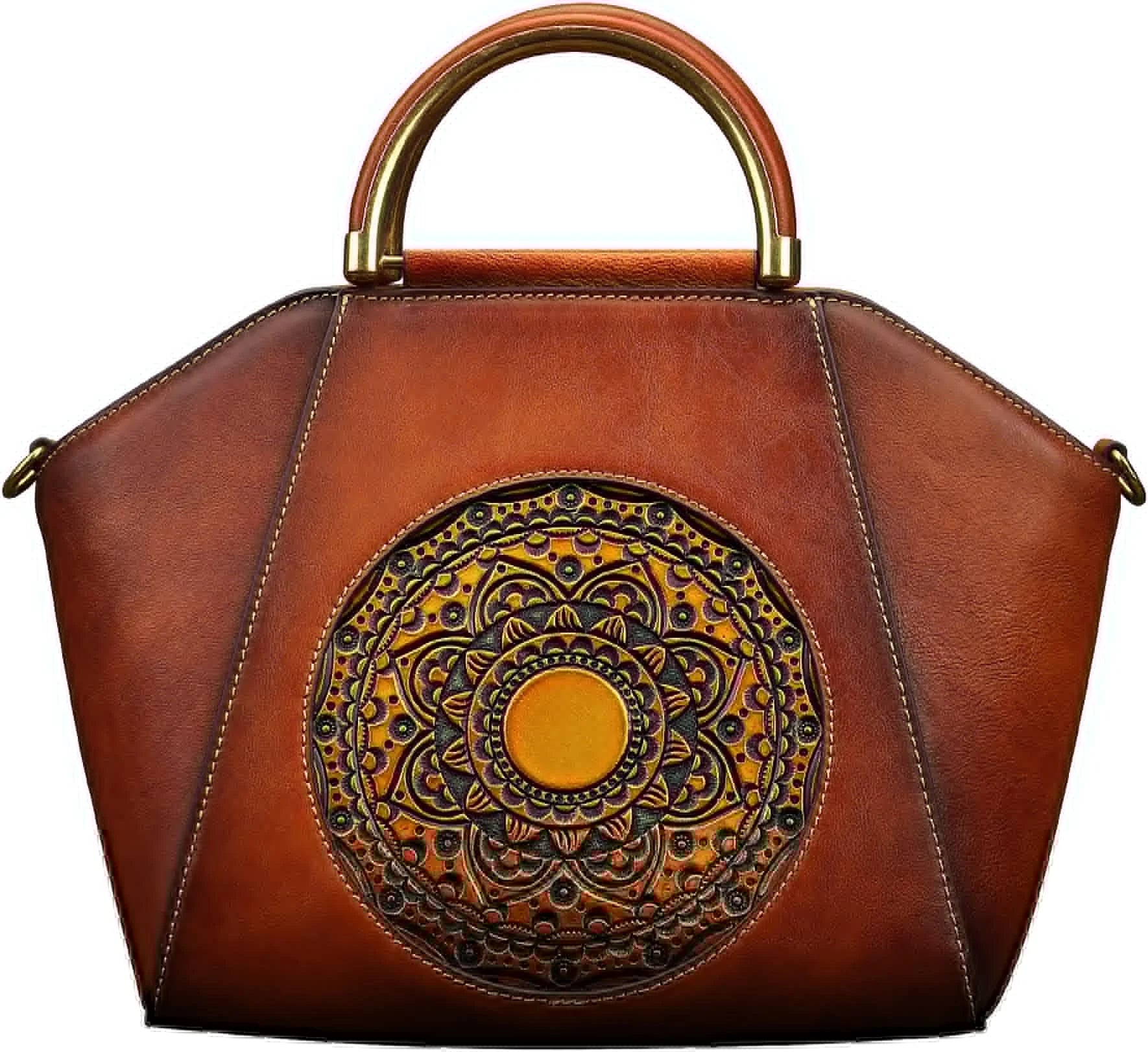 Westal Cowhide Leather Purses and Handbags Vintage Totem Satchel Bag Crossbody Genuine Leather Handbags Tote Bags for Women