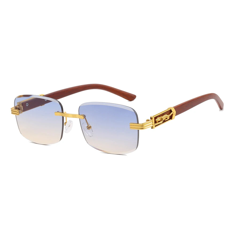 Superhot Eyewear 10718 Fashion 2023 Rimless Rectangle Faux Wood Temple Sunglasses